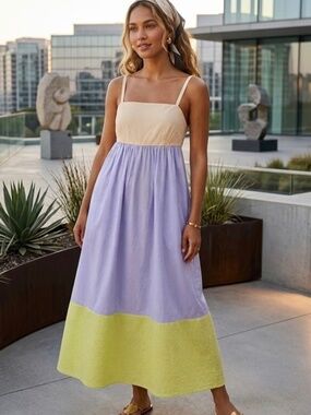 Tory Burch Tiered Maxi Dress Small Colorblock Cotton Summer Vacation NWOT